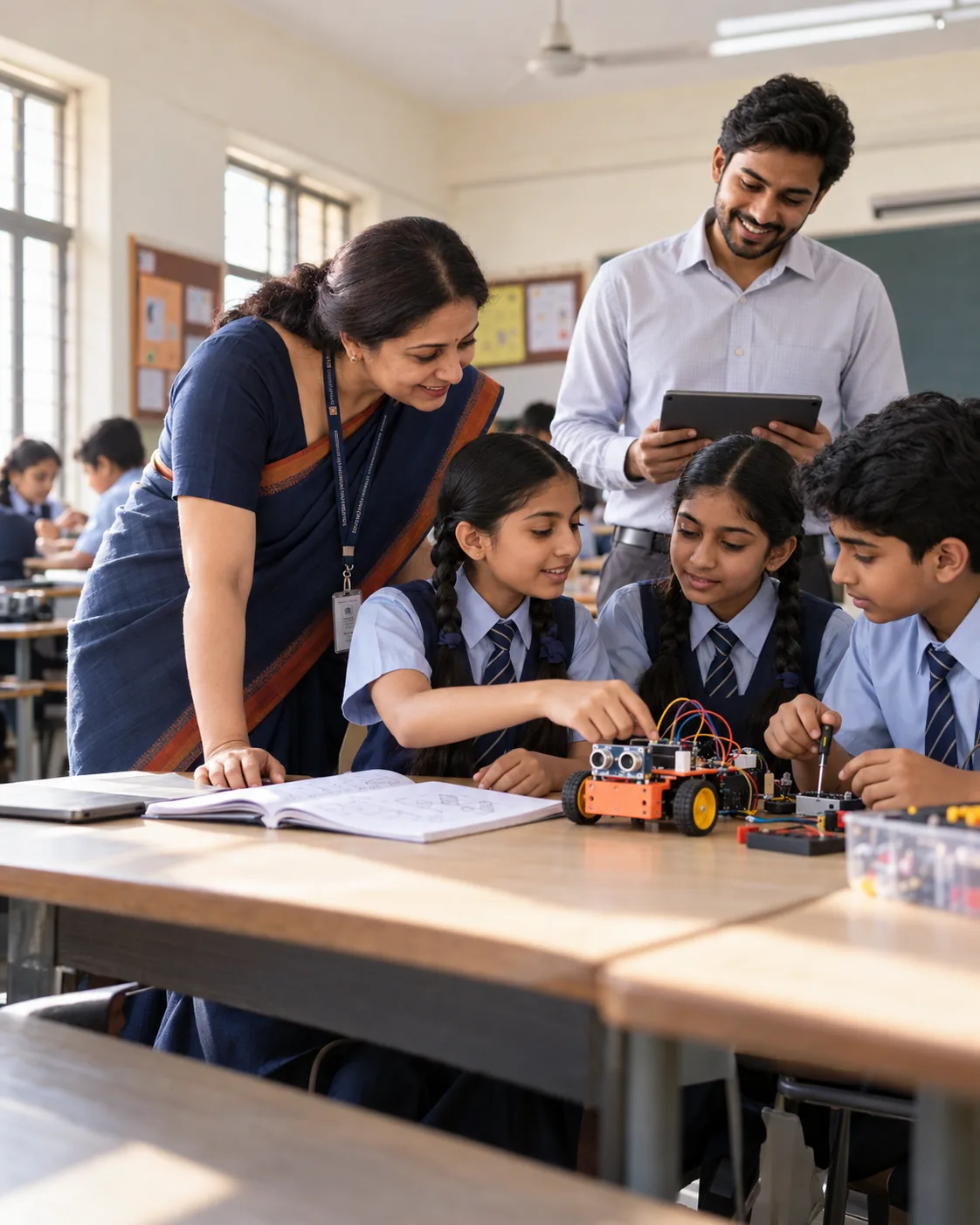 Two teachers guiding uniformed students as they build a robot car in a classroom