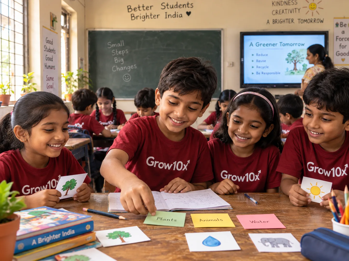 Primary school students in maroon Grow10X t-shirts sorting picture cards into categories on a classroom desk, with a teacher at a display behind them